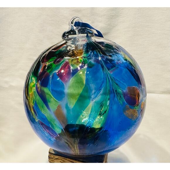 Glass Art Studio Hand Blown  Blue, Yellow, Purple, Green Ornament Size 7”x7” - Picture 3 of 10